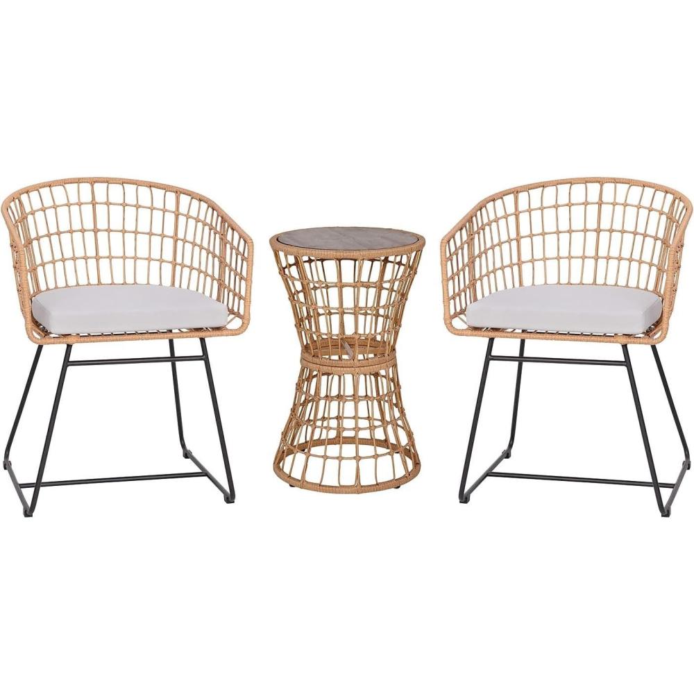 image:imageFlash Furniture Devon 3Piece IndoorOutdoor Bistro Set  Natural Finish Rattan Rope Chairs  Side Table with Acacia Wood Top  Light Gray Seat Cushions  AllWeather