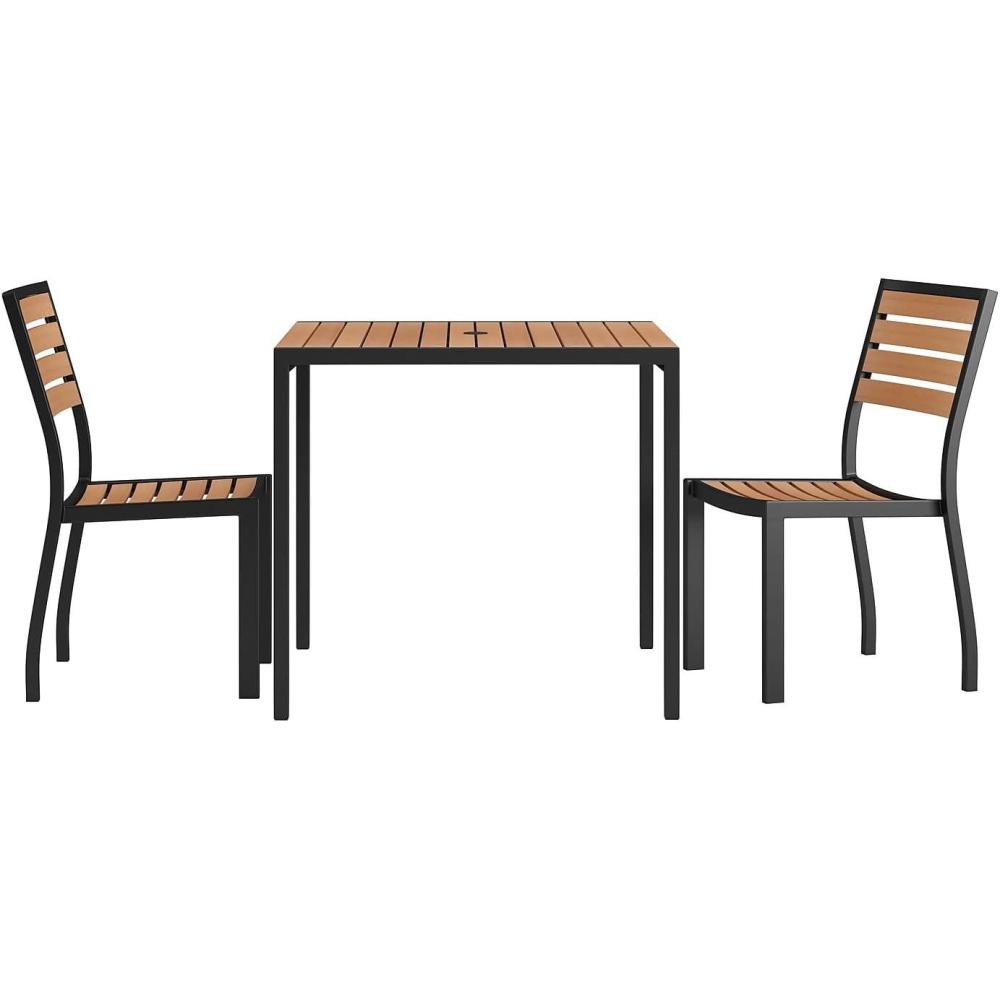 image:imageFlash Furniture Lark 3 Piece Patio Table Set  Synthetic Teak Poly Slats  35 Square Steel Framed Table with 2 Faux Teak ChairsTeak