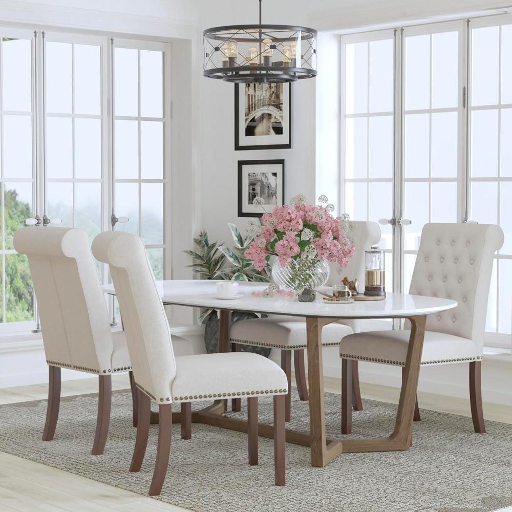 image:imageFlash Furniture Set of 4 Hercules Series Beige Fabric Parsons Chairs with Rolled Back Accent Nail Trim and Walnut Finish