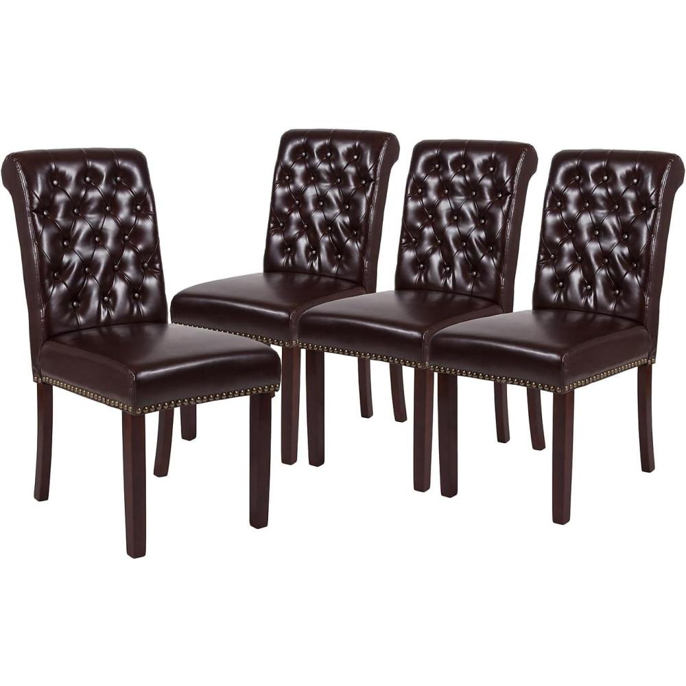 image:imageFlash Furniture Set of 4 Hercules Series Brown LeatherSoft Parsons Chairs with Rolled Back Accent Nail Trim and Walnut Finish