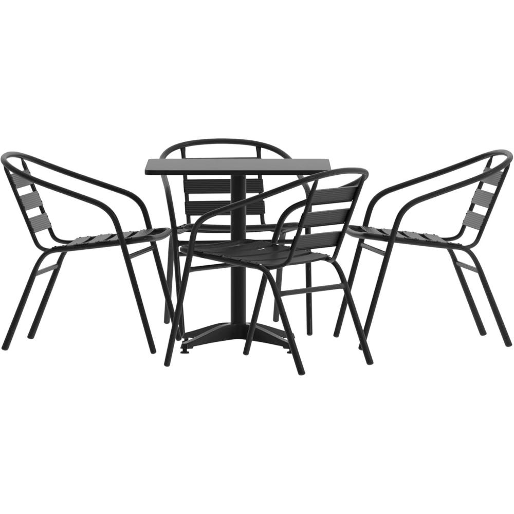 image:imageFlash Furniture TLHALUM28SQ017BK4GG Lila 275 Square Aluminum IndoorOutdoor Table Set with 4 Slat Back Chairs BlackBlack