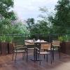 Flash Furniture 5 Piece Patio Dining Table Set – Indoor/Outdoor Black Steel Framed 30″ Square Faux Teak Table – 4 Stacking Club Chairs with Teak Accented Arms