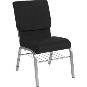 Flash Furniture 4 Pack HERCULES Series 18.5”W Church Chair in Black Fabric with Book Rack – Silver Vein Frame(Black Fabric/Silver Vein Frame)