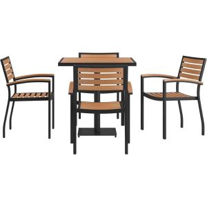 Flash Furniture 5 Piece Patio Dining Table Set – Indoor/Outdoor Black Steel Framed 30″ Square Faux Teak Table – 4 Stacking Club Chairs with Teak Accented Arms
