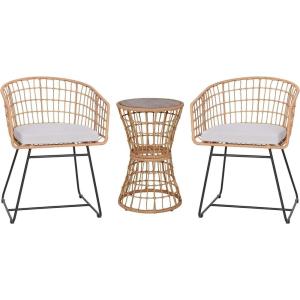 Flash Furniture Devon 3-Piece Indoor/Outdoor Bistro Set – Natural Finish Rattan Rope Chairs – Side Table with Acacia Wood Top – Light Gray Seat Cushions – All-Weather