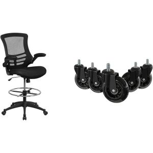 Flash Furniture Kelista Mid-Back Black Mesh Ergonomic Drafting Chair & Waylon Set of 5 Transparent Polyurethane Replacement Wheels for Gaming, Business, and Home Office Chairs(Black Mesh)