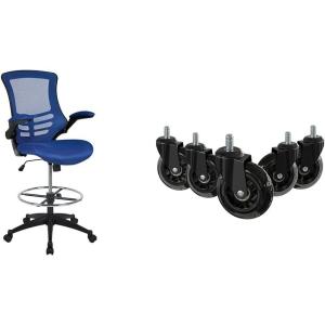 Flash Furniture Kelista Mid-Back Black Mesh Ergonomic Drafting Chair & Waylon Set of 5 Transparent Polyurethane Replacement Wheels for Gaming, Business, and Home Office Chairs(Blue Mesh)