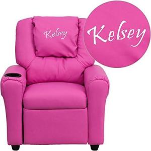 Flash Furniture Personalized Hot Vinyl Kids Recliner with Cup Holder and Headrest, Pink