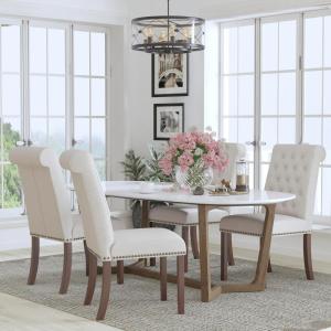 Flash Furniture Set of 4 Hercules Series Beige Fabric Parsons Chairs with Rolled Back, Accent Nail Trim and Walnut Finish