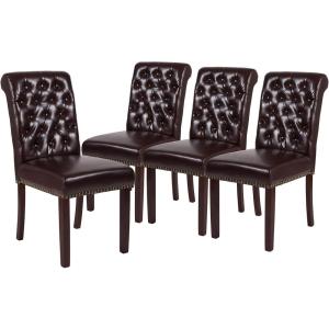 Flash Furniture Set of 4 Hercules Series Brown LeatherSoft Parsons Chairs with Rolled Back, Accent Nail Trim and Walnut Finish