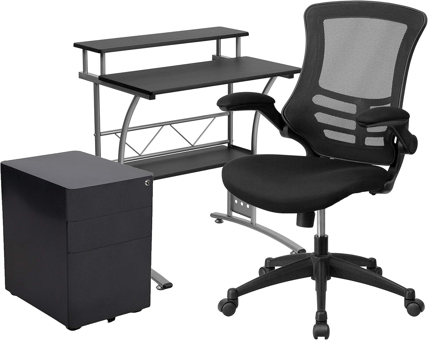 image:imageFlash Furniture Work From Home Kit Adjustable Computer Desk Ergonomic Mesh Office Chair and Locking Mobile Filing Cabinet with Inset HandlesBlack