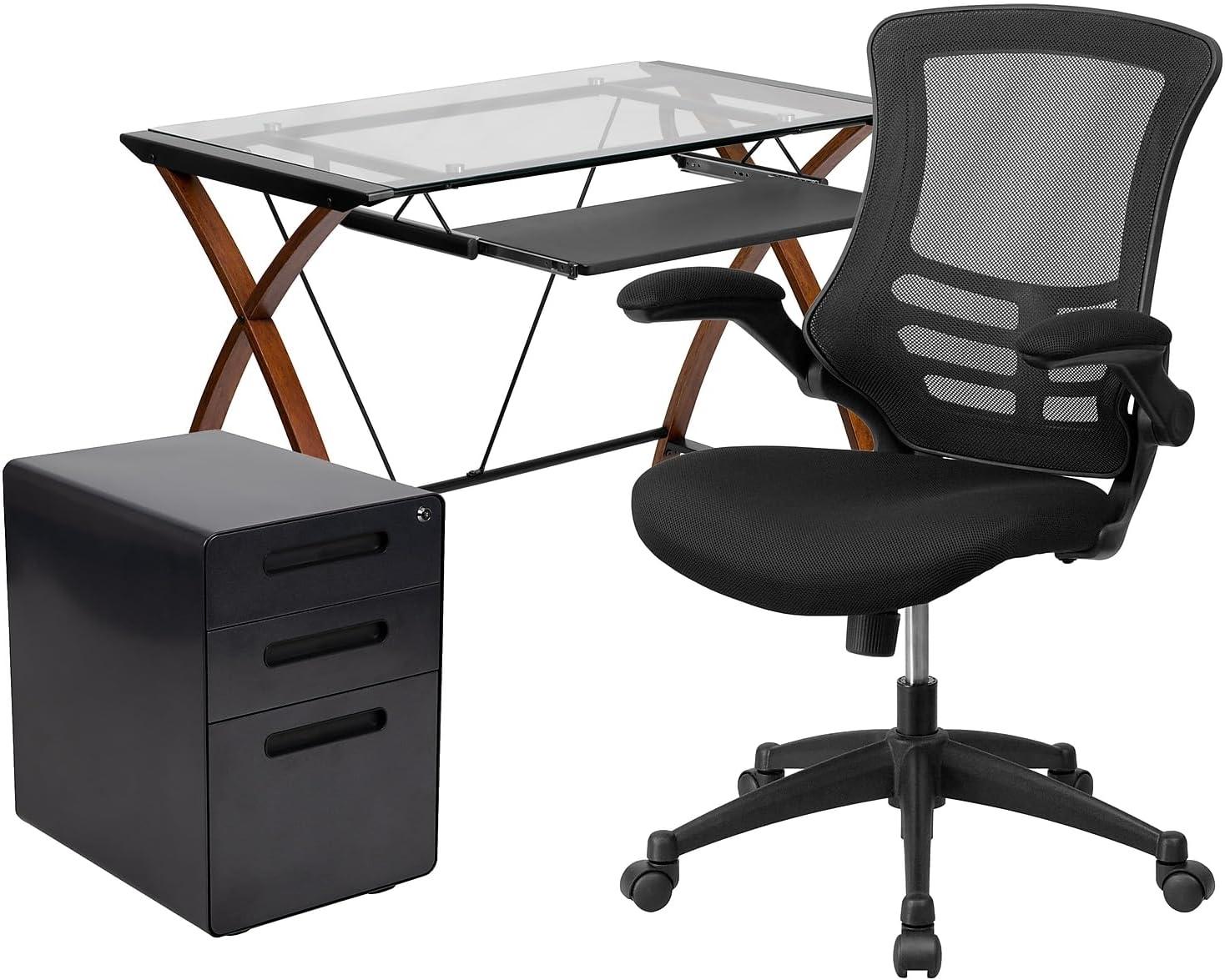 image:imageFlash Furniture Work From Home Kit Adjustable Computer Desk Ergonomic Mesh Office Chair and Locking Mobile Filing Cabinet with Inset HandlesBlack