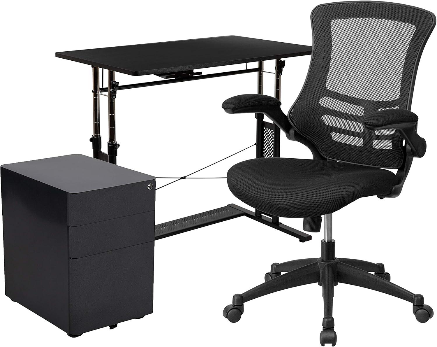 image:imageFlash Furniture Work From Home Kit Adjustable Computer Desk Ergonomic Mesh Office Chair and Locking Mobile Filing Cabinet with Inset HandlesBlack