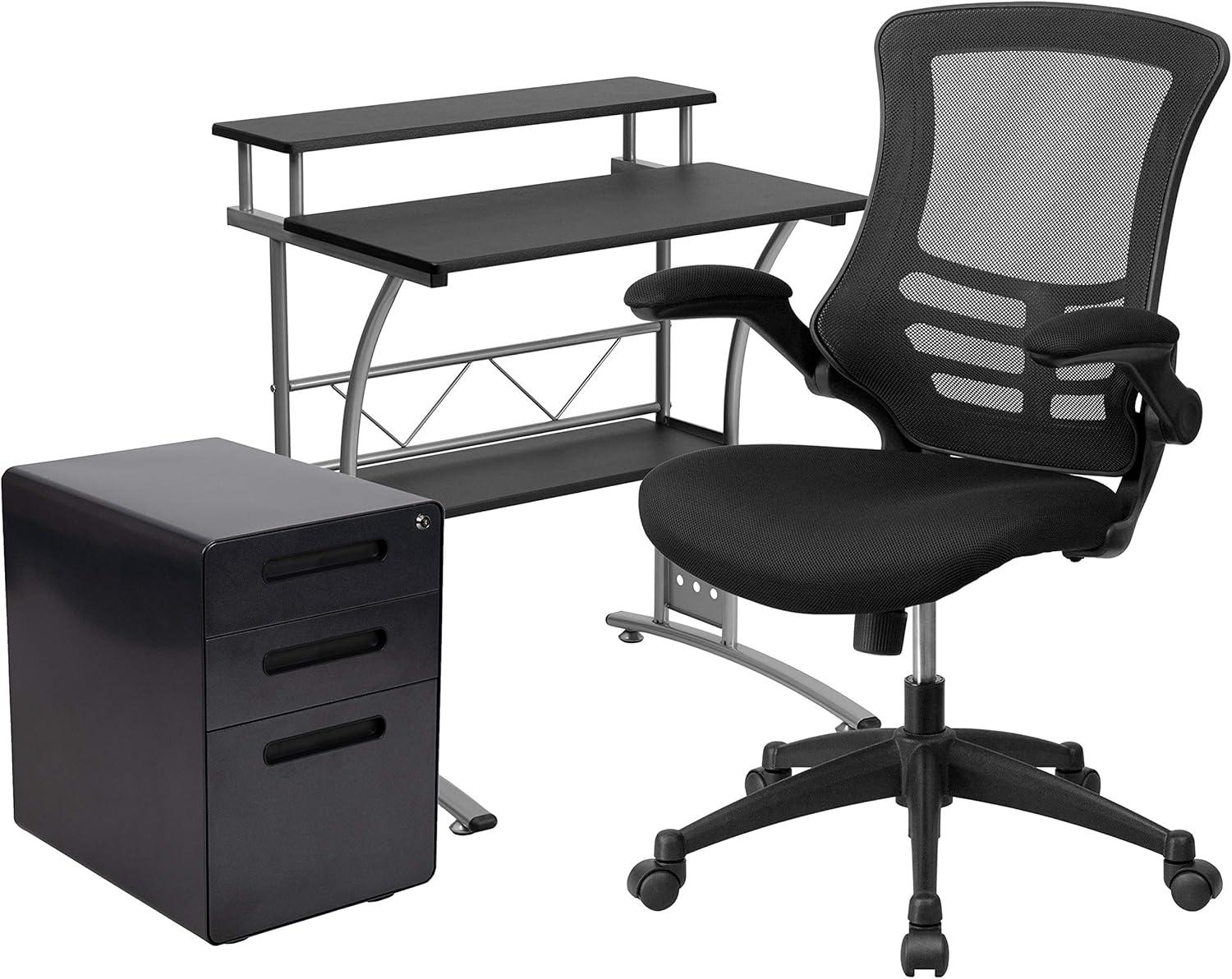 image:imageFlash Furniture Work From Home Kit Adjustable Computer Desk Ergonomic Mesh Office Chair and Locking Mobile Filing Cabinet with Inset HandlesBlack