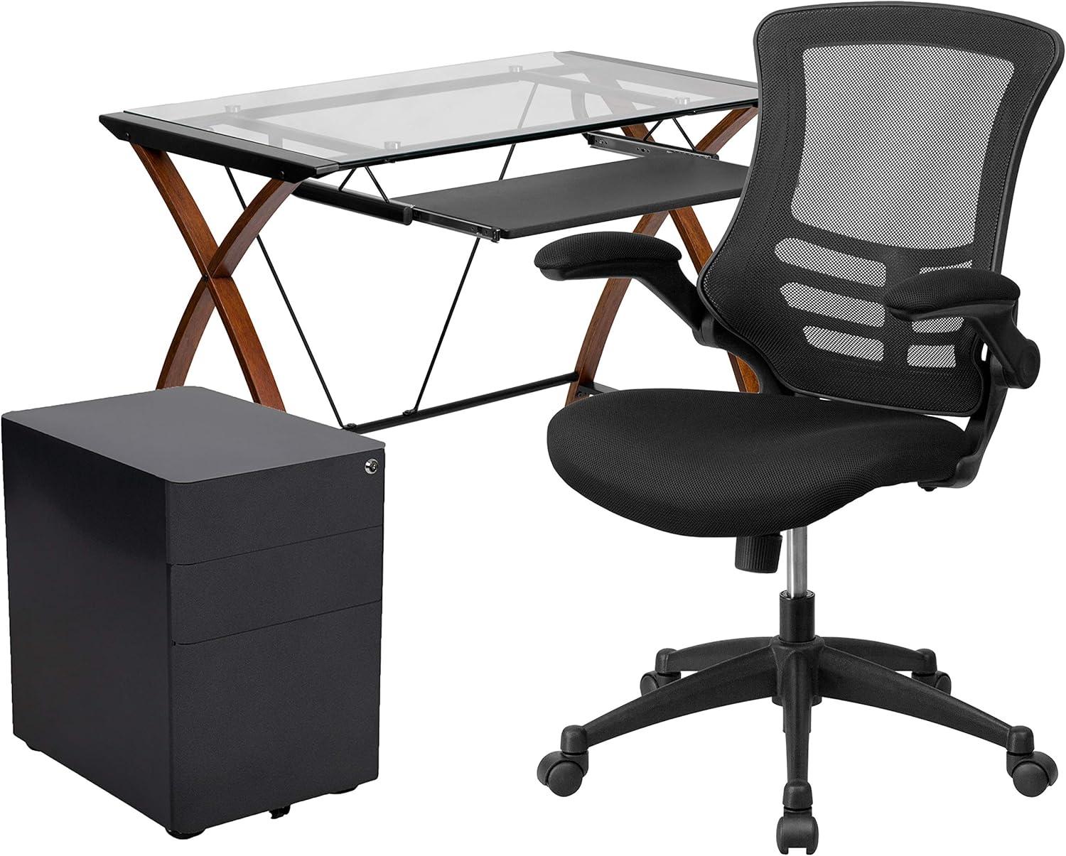 image:imageFlash Furniture Work From Home Kit Adjustable Computer Desk Ergonomic Mesh Office Chair and Locking Mobile Filing Cabinet with Inset HandlesBlack