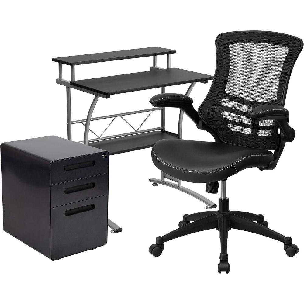image:imageFlash Furniture Work From Home Kit Adjustable Computer Desk Ergonomic Mesh Office Chair and Locking Mobile Filing Cabinet with Inset HandlesBlack Leathersoft