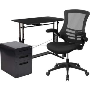 Flash Furniture Work From Home Kit – Adjustable Computer Desk, Ergonomic Mesh Office Chair and Locking Mobile Filing Cabinet with Inset Handles(Black)