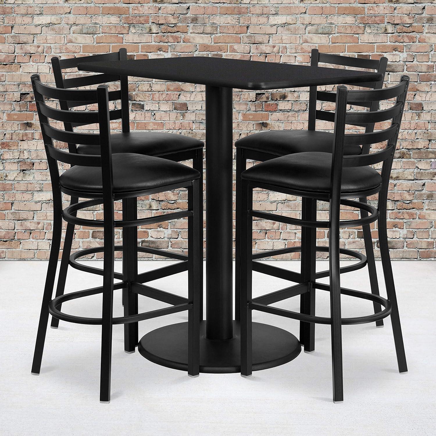 image:imageFlash Furniture Jamie 24 x 42 Rectangular Black Laminate Table Set with 4 Ladder Back Metal Barstools Black Vinyl SeatBlack TopBlack Vinyl Seat