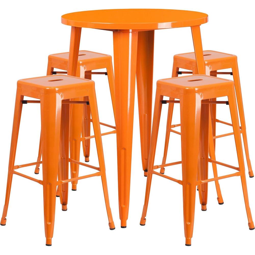 image:imageFlash Furniture 30 Round Orange Metal IndoorOutdoor Bar Table Set with 4 Square Seat Backless StoolsOrange