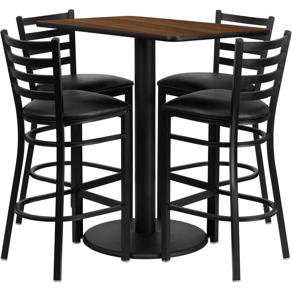 image:imageFlash Furniture Jamie 24 x 42 Rectangular Black Laminate Table Set with 4 Ladder Back Metal Barstools  Black Vinyl SeatWalnut TopBlack Vinyl Seat