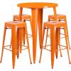 Flash Furniture 30” Round Orange Metal Indoor-Outdoor Bar Table Set with 4 Square Seat Backless Stools(Orange)