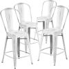 Flash Furniture Blake Commercial Grade 4 Pack 24″ High Distressed White Metal Indoor-Outdoor Counter Height Stool with Back