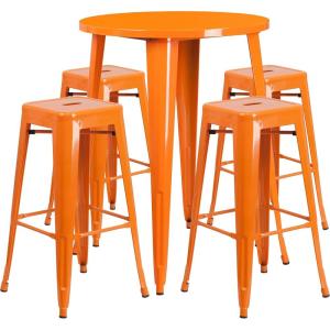 Flash Furniture 30” Round Orange Metal Indoor-Outdoor Bar Table Set with 4 Square Seat Backless Stools(Orange)