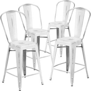 Flash Furniture Blake Commercial Grade 4 Pack 24″ High Distressed White Metal Indoor-Outdoor Counter Height Stool with Back