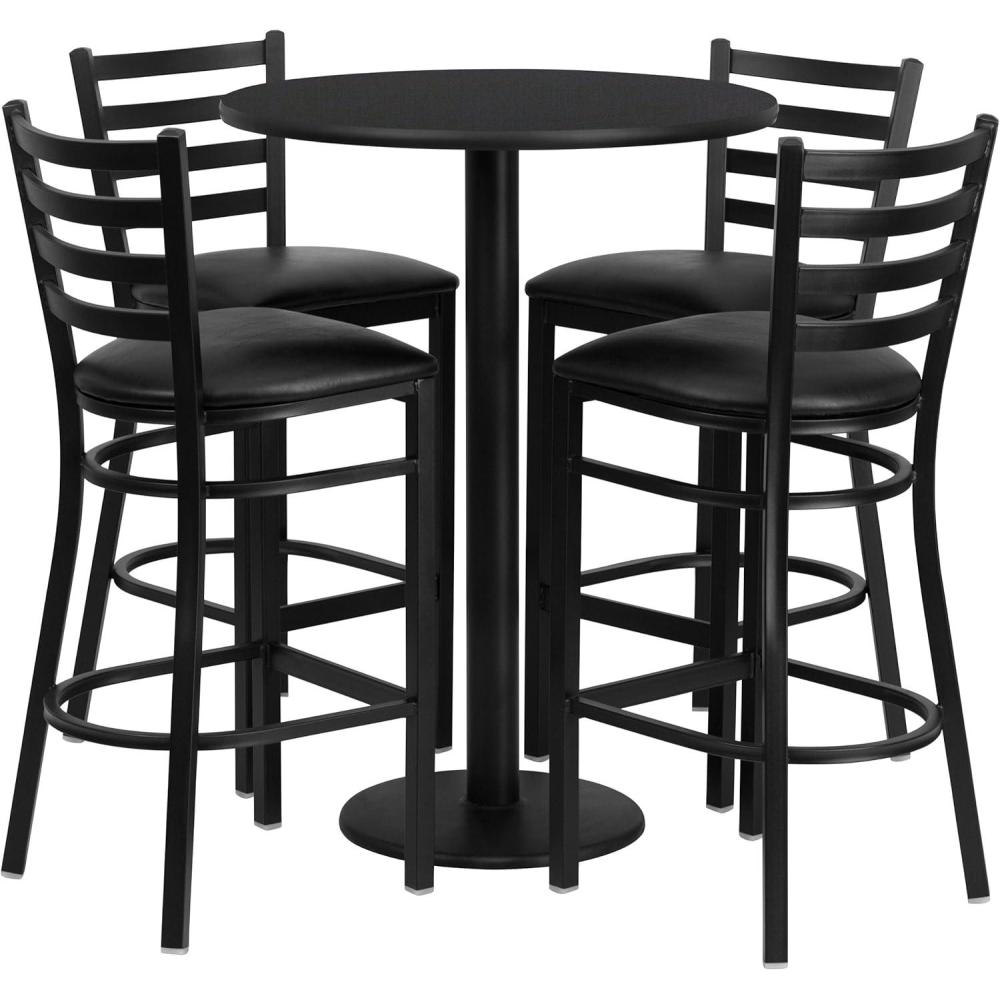 image:imageFlash Furniture 30 Round Black Laminate Table Set with Round Base and 4 Ladder Back Metal Barstools Black Vinyl SeatBlack TopBlack Vinyl Seat
