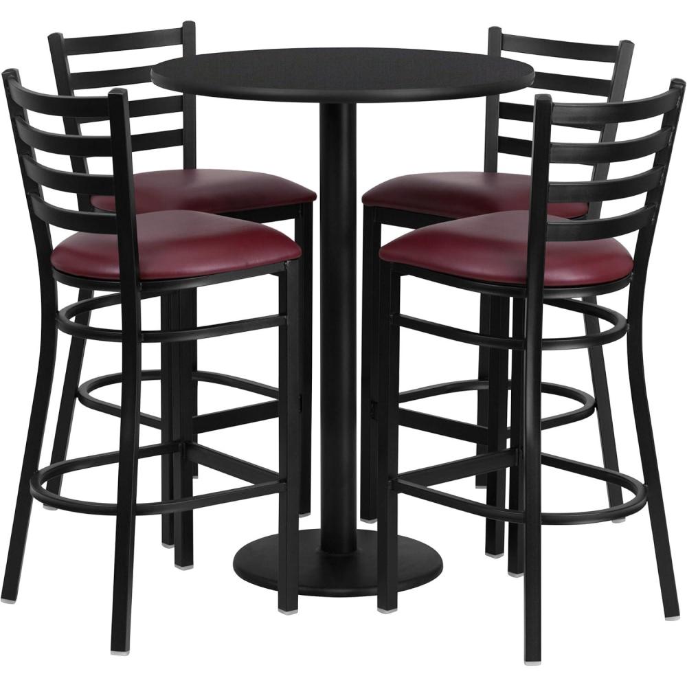 image:imageFlash Furniture 30 Round Black Laminate Table Set with Round Base and 4 Ladder Back Metal Barstools  Black Vinyl SeatBlack TopBurgundy Vinyl Seat