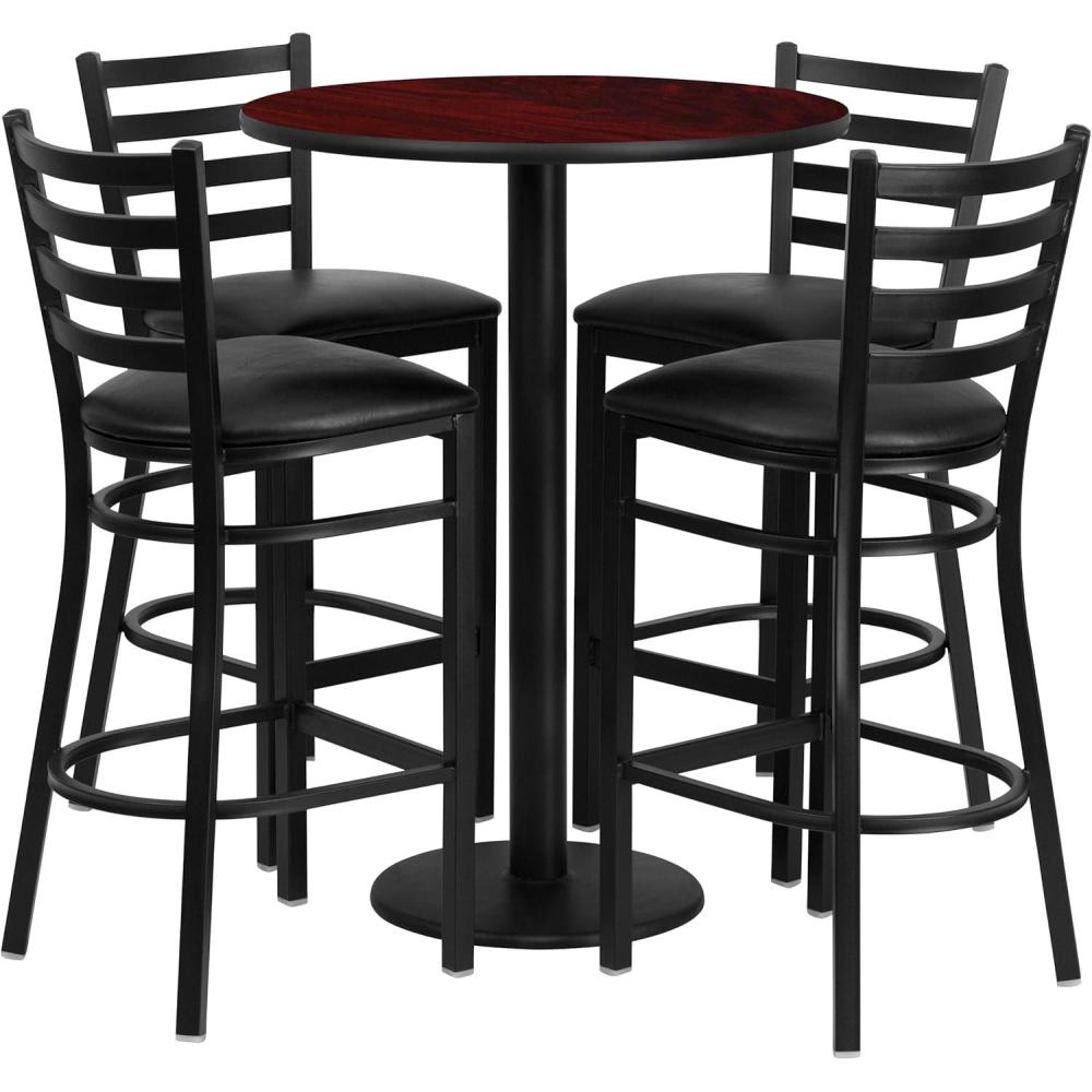 image:imageFlash Furniture 30 Round Black Laminate Table Set with Round Base and 4 Ladder Back Metal Barstools Black Vinyl SeatMahogany TopBlack Vinyl Seat