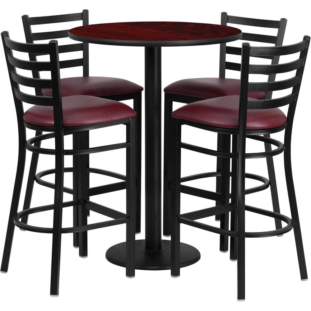 image:imageFlash Furniture 30 Round Black Laminate Table Set with Round Base and 4 Ladder Back Metal Barstools Black Vinyl SeatMahogany TopBurgundy Vinyl Seat