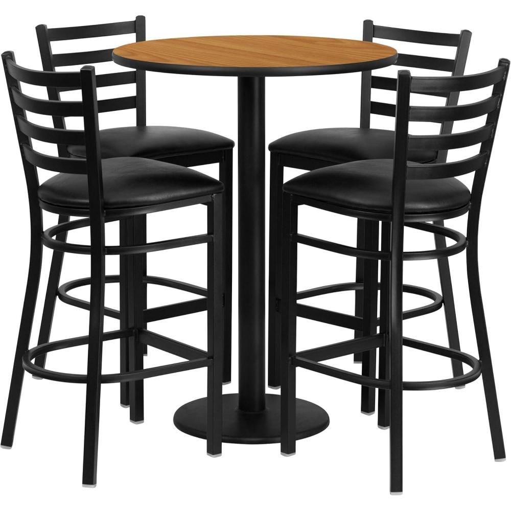 image:imageFlash Furniture 30 Round Black Laminate Table Set with Round Base and 4 Ladder Back Metal Barstools Black Vinyl SeatNatural TopBlack Vinyl Seat
