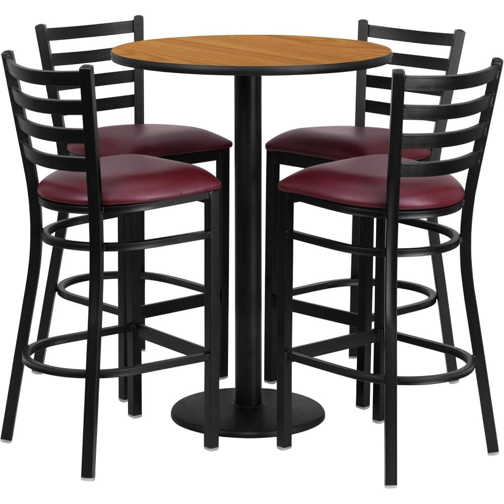 image:imageFlash Furniture 30 Round Black Laminate Table Set with Round Base and 4 Ladder Back Metal Barstools Black Vinyl SeatNatural TopBurgundy Vinyl Seat