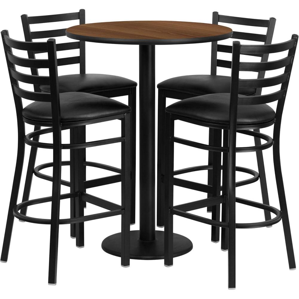 image:imageFlash Furniture 30 Round Black Laminate Table Set with Round Base and 4 Ladder Back Metal Barstools Black Vinyl SeatWalnut TopBlack Vinyl Seat