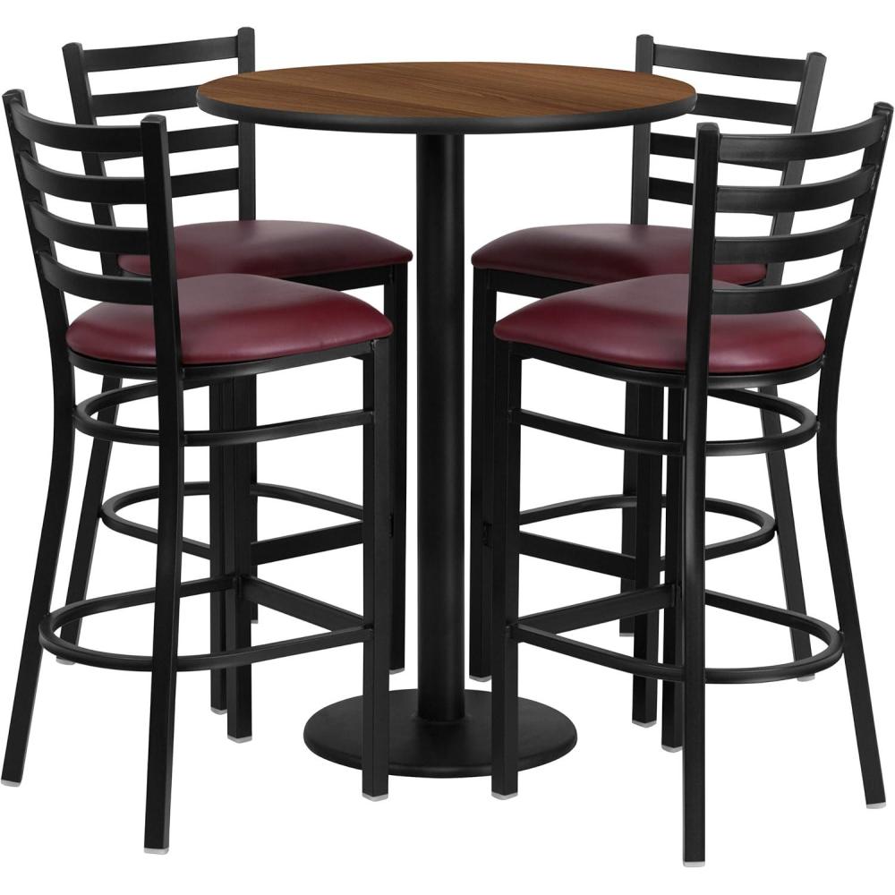 image:imageFlash Furniture 30 Round Black Laminate Table Set with Round Base and 4 Ladder Back Metal Barstools Black Vinyl SeatWalnut TopBurgundy Vinyl Seat