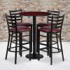Flash Furniture 30” Round Black Laminate Table Set with Round Base and 4 Ladder Back Metal Barstools – Black Vinyl Seat(Mahogany Top/Burgundy Vinyl Seat)