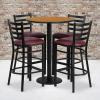 Flash Furniture 30” Round Black Laminate Table Set with Round Base and 4 Ladder Back Metal Barstools – Black Vinyl Seat(Natural Top/Burgundy Vinyl Seat)