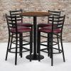 Flash Furniture 30” Round Black Laminate Table Set with Round Base and 4 Ladder Back Metal Barstools – Black Vinyl Seat(Walnut Top/Burgundy Vinyl Seat)