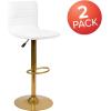 Flash Furniture Vincent Modern Vinyl Height Adjustable Bar Stools, Stylish Counter or Bar Height Swivel Stools with Footrests, Set of 2, White/Gold