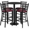 Flash Furniture 30” Round Black Laminate Table Set with Round Base and 4 Ladder Back Metal Barstools – Black Vinyl Seat(Black Top/Burgundy Vinyl Seat)
