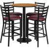 Flash Furniture 30” Round Black Laminate Table Set with Round Base and 4 Ladder Back Metal Barstools – Black Vinyl Seat(Natural Top/Burgundy Vinyl Seat)