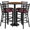 Flash Furniture 30” Round Black Laminate Table Set with Round Base and 4 Ladder Back Metal Barstools – Black Vinyl Seat(Walnut Top/Burgundy Vinyl Seat)