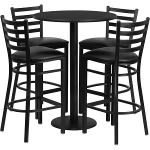 Flash Furniture 30” Round Black Laminate Table Set with Round Base and 4 Ladder Back Metal Barstools – Black Vinyl Seat(Black Top/Black Vinyl Seat)