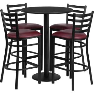 Flash Furniture 30” Round Black Laminate Table Set with Round Base and 4 Ladder Back Metal Barstools – Black Vinyl Seat(Black Top/Burgundy Vinyl Seat)