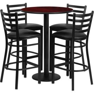 Flash Furniture 30” Round Black Laminate Table Set with Round Base and 4 Ladder Back Metal Barstools – Black Vinyl Seat(Mahogany Top/Black Vinyl Seat)