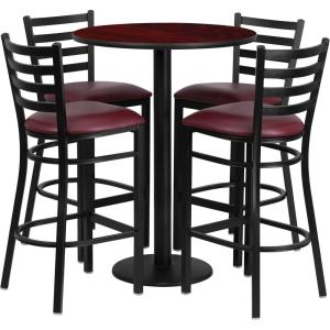 Flash Furniture 30” Round Black Laminate Table Set with Round Base and 4 Ladder Back Metal Barstools – Black Vinyl Seat(Mahogany Top/Burgundy Vinyl Seat)