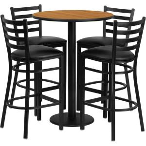 Flash Furniture 30” Round Black Laminate Table Set with Round Base and 4 Ladder Back Metal Barstools – Black Vinyl Seat(Natural Top/Black Vinyl Seat)