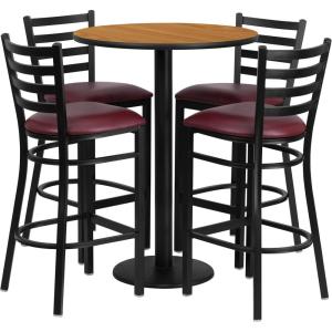 Flash Furniture 30” Round Black Laminate Table Set with Round Base and 4 Ladder Back Metal Barstools – Black Vinyl Seat(Natural Top/Burgundy Vinyl Seat)