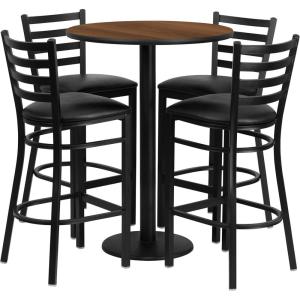 Flash Furniture 30” Round Black Laminate Table Set with Round Base and 4 Ladder Back Metal Barstools – Black Vinyl Seat(Walnut Top/Black Vinyl Seat)